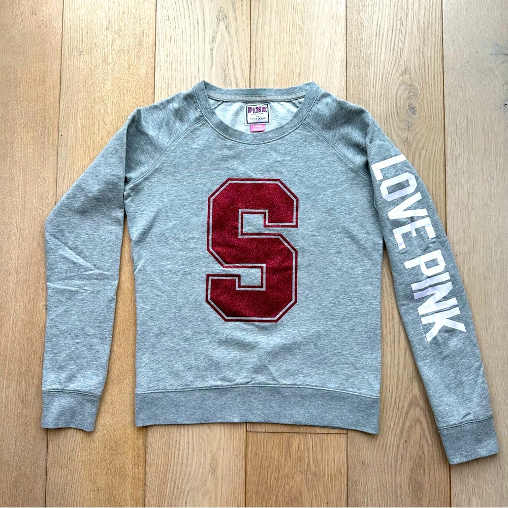 Stanford University Sweatshirt w/Glittery Red “S” & LOVE PINK Sleeve